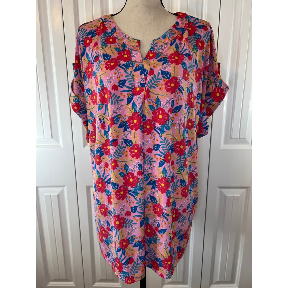Dear Scarlett Pink Floral V-Neck Tunic Top Blouse 3X LIZSS-C0062P NEW